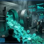 Un personnage futuriste brise une stèle en pierre libérant des Bitcoins, illustrant que Strategy vend Bitcoin et rompt le dogme du never sell.