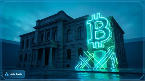 Bâtiment de banque classique avec un logo Bitcoin en néon et des flèches de croissance, illustrant l'investissement de Swedbank dans Strategy.