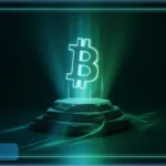 Logo Bitcoin vert néon posé sur un bloc de pierre sombre illustrant le plancher solide du BTC