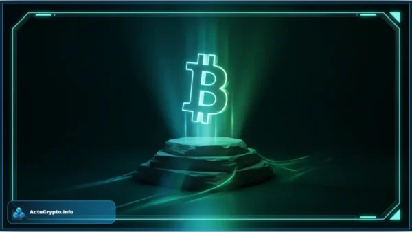 Logo Bitcoin vert néon posé sur un bloc de pierre sombre illustrant le plancher solide du BTC
