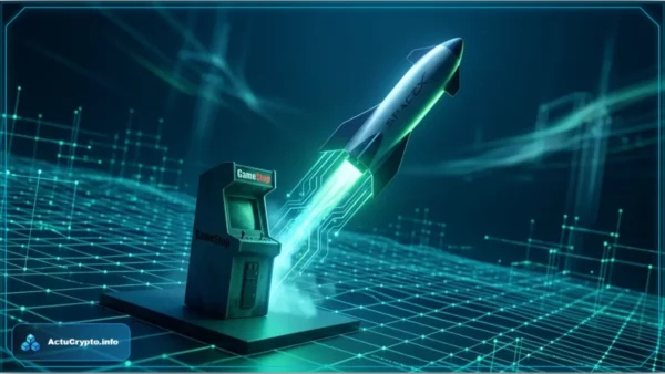 Fusée SpaceX décollant à côté d'une borne GameStop sur un réseau numérique représentant la tokenisation des actifs réels