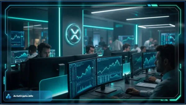 Trader observant un graphique financier holographique illustrant la chute du MVRV du XRP