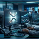 Un trader professionnel analyse les graphiques du XRP sur plusieurs écrans dans une salle de marché