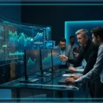 Des investisseurs institutionnels analysent les graphiques des ETF crypto sur plusieurs écrans dans une salle de marché