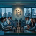 Des professionnels de la finance analysent les graphiques de marché des ETF Bitcoin sur des écrans lumineux dans une salle de marché moderne.