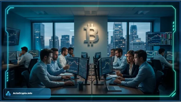 Des professionnels de la finance analysent les graphiques de marché des ETF Bitcoin sur des écrans lumineux dans une salle de marché moderne.