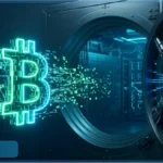 Logo Bitcoin lumineux sortant d'un coffre-fort bancaire numérique illustrant le transfert de cryptomonnaies