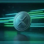Pièce 3D du jeton XRP dans un environnement futuriste avec des lignes lumineuses vertes illustrant l'analyse technique de la cryptomonnaie
