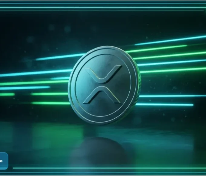 Pièce 3D du jeton XRP dans un environnement futuriste avec des lignes lumineuses vertes illustrant l'analyse technique de la cryptomonnaie