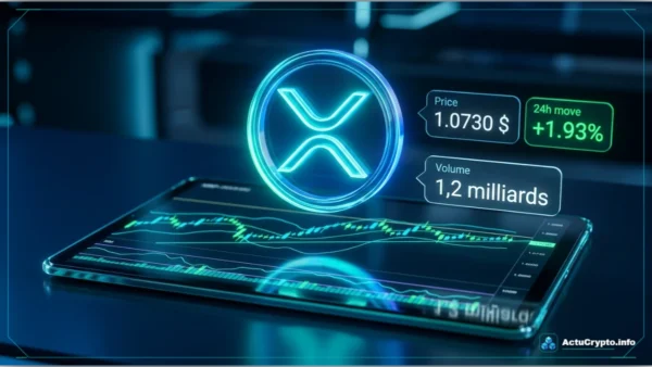 Analyse graphique 3D du jeton XRP affichant le prix, les volumes et les niveaux de support.