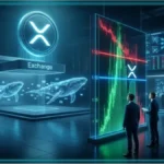 Traders analysant les marchés cryptos devant un coffre-fort illustrant la baisse des dépôts de baleines XRP