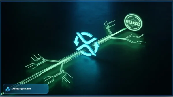 Illustration du XRP Ledger connecté au stablecoin RLUSD pour le crédit on-chain