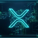 Logo lumineux du XRP au centre d'un réseau numérique complexe, symbolisant l'intégration de l'intelligence artificielle sur le XRP Ledger.