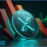 Pièce XRP lumineuse avec des flèches rouges descendantes illustrant la pression vendeuse sur le marché spot