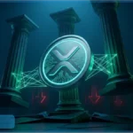 Pièce XRP lumineuse entre des piliers avec des flèches rouges descendantes en arrière-plan illustrant les sorties ETF