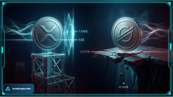 Graphique 3D illustrant la baisse du cours et la pression technique sur le XRP et le Stellar