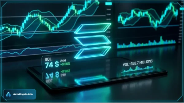 Interface de trading numerique affichant le logo Solana et le prix du SOL a 74 dollars avec des graphiques en arriere-plan