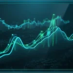 Graphique financier illustrant la capitalisation et les tendances du marché crypto avec des courbes lumineuses