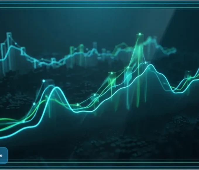 Graphique financier illustrant la capitalisation et les tendances du marché crypto avec des courbes lumineuses
