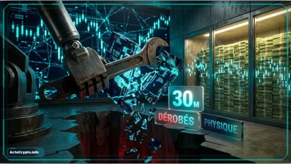 Une porte de coffre-fort fracturée symbolisant les attaques physiques contre les détenteurs de cryptomonnaies.