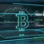 Visuel 3D premium du logo Bitcoin avec graphique en arrière-plan, niveaux techniques et données clés
