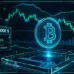 Représentation 3D d'une tablette de trading affichant les données techniques et le prix du Bitcoin à 78 000 dollars.