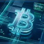 Graphique 3D affichant le cours Bitcoin à 63119 dollars avec des indicateurs de marché en arrière-plan.