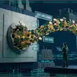 Un portefeuille matériel Bitcoin ancien entouré de données numériques lumineuses.