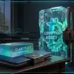 Illustration 3D hyperréaliste d'un actif crypto monumental bloqué par une structure de verre, symbolisant l'arrêt du CLARITY Act au Sénat américain.