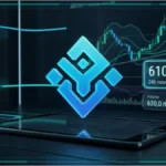 Graphique 3D montrant l'analyse technique du token Binance (BNB) avec le prix à 610 $ et des indicateurs de marché.