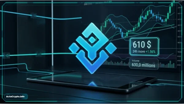 Graphique 3D montrant l'analyse technique du token Binance (BNB) avec le prix à 610 $ et des indicateurs de marché.