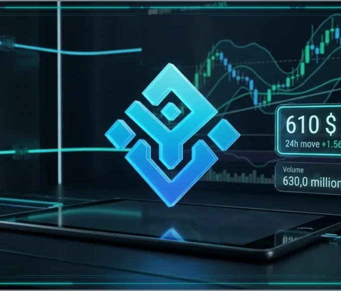 Graphique 3D montrant l'analyse technique du token Binance (BNB) avec le prix à 610 $ et des indicateurs de marché.