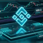 Analyse technique du token Binance avec graphique de prix et indicateurs de marché en 3D.