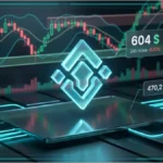 Graphique 3D du token Binance montrant le prix actuel et les niveaux de support