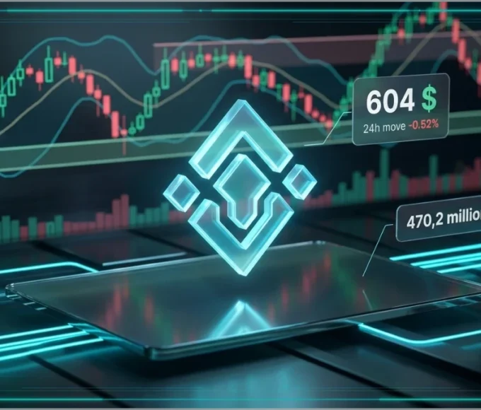 Graphique 3D du token Binance montrant le prix actuel et les niveaux de support