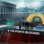 Graphique boursier superposé à la Bourse de Paris illustrant la hausse du CAC 40.