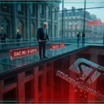 Graphique boursier affichant la baisse de l'indice CAC 40 sur des écrans de trading.