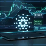 Visuel 3D premium du logo Cardano (ADA) avec graphique et niveaux techniques