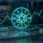 Représentation 3D d'une tablette de trading affichant l'analyse technique et le prix du Cardano (ADA).