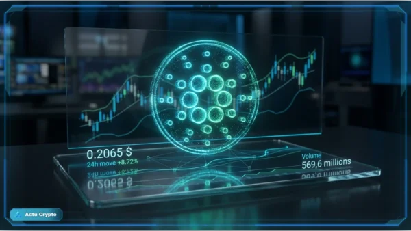 Représentation 3D d'une tablette de trading affichant l'analyse technique et le prix du Cardano (ADA).