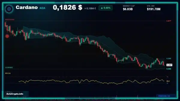 Graphique d'analyse technique et logo Cardano en 3D représentant le prix et le volume de l'ADA sur le marché crypto.