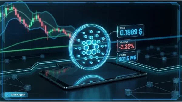 Graphique d'analyse technique et logo holographique de Cardano illustrant la correction du prix.