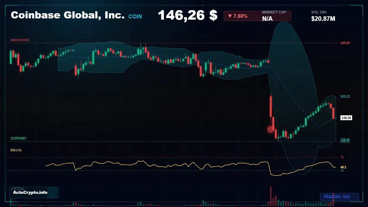 Graphique du cours Coinbase Global, Inc. (COIN) Analyse technique du cours Coinbase Global, Inc. (COIN) avec données de marché récentes