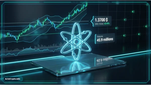Représentation 3D du jeton Cosmos Hub sur un graphique financier illustrant la hausse des prix et des volumes.