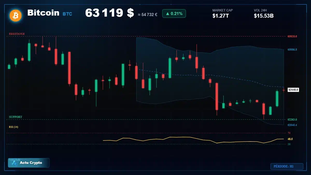 Graphique du cours Bitcoin à 63119 $ Analyse technique du cours de Bitcoin de bitcoin à 63119 $ aujourd'hui