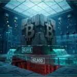 Représentation 3D du Bitcoin au-dessus d'un sol fissuré illustrant la pression du marché.