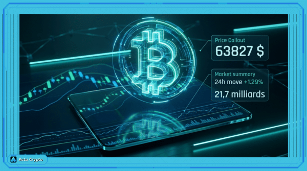 Graphique d'analyse technique du cours Bitcoin montrant le prix de 63 827 $ et les niveaux de support.