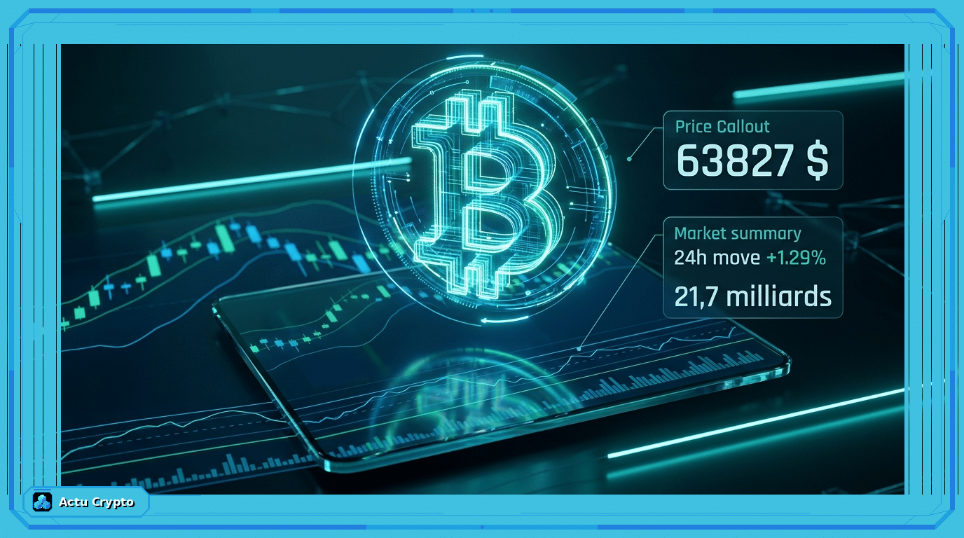 Graphique d'analyse technique du cours Bitcoin montrant le prix de 63 827 $ et les niveaux de support.