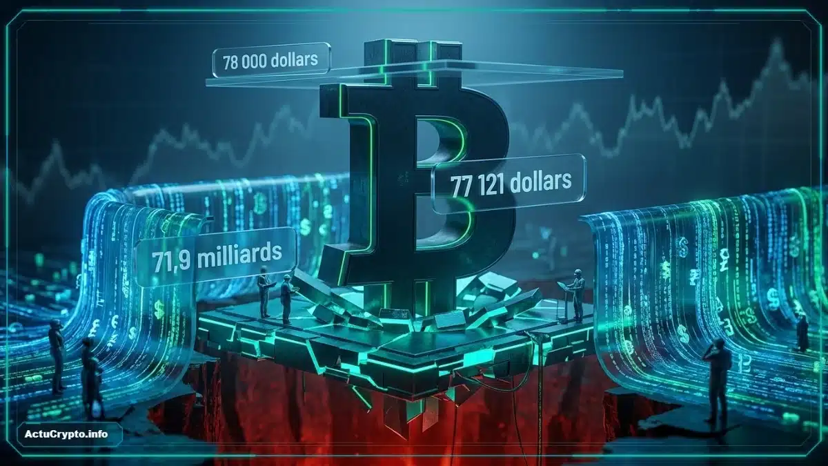 Symbole Bitcoin lumineux sur une plateforme métallique sombre