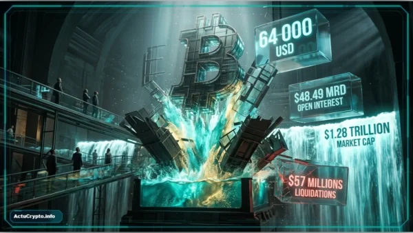 Un symbole Bitcoin doré brisant un sol sombre, illustrant la hausse du cours.